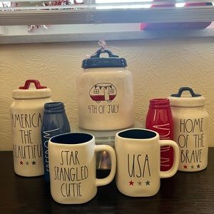 Rae Dunn Patriotic Set of 3 Canisters 2 Flower Vases and 2 Mugs